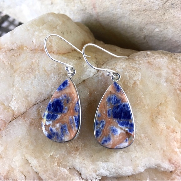 ORANGE SODALITE teardrop 925 sterling earrings - Picture 1 of 7